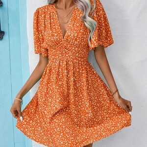 Women Boho Summer Dresses V Neck Short Sleeve Floral Print Dress High Waist